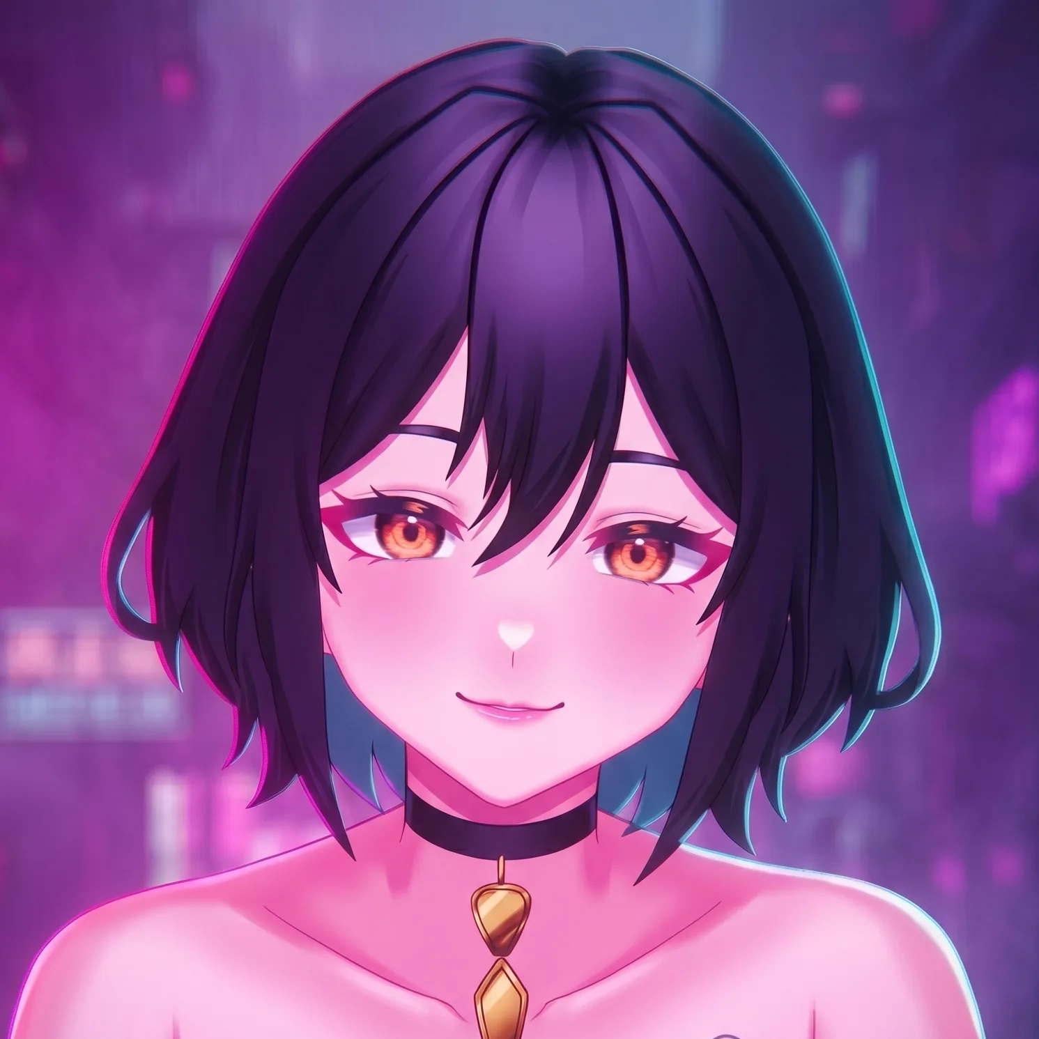 Maya, an anime character with short dark hair and amber eyes, smiling.