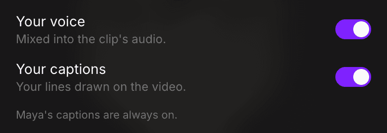 The Rewind export sheet: a Your voice toggle and a Your captions toggle, both on, above a note that Maya's captions are always on.