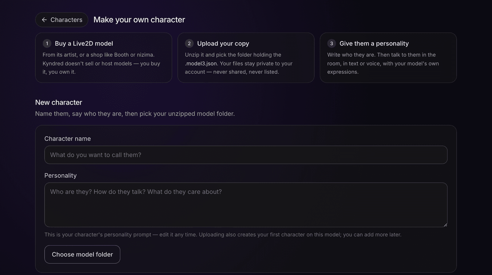 The Make your own character page: three steps reading Buy a Live2D model, Upload your copy, Give them a personality, above a New character form with a name field, a personality box, and a Choose model folder button.